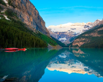 Lake Louise Photo, Banff Photography Red Canoes Reflections Jasper Alberta Rockies Mountains Landscape Canada can6