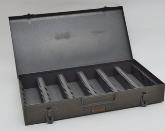 Vintage Brumberger Slide Storage Box Industrial Grey Metal-Photo Slide Coin Box
