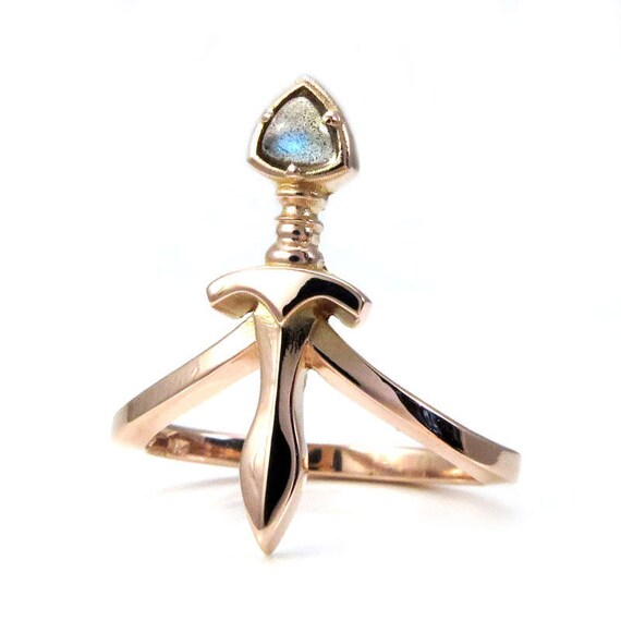 Labradorite Trillion Dagger Midi Ring - Sterling Silver, 14k Rose, Yellow or Palladium White Gold