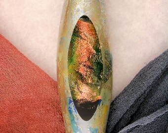 SRA Lampwork Beads "View to the Core" Handmade Polished Dichroic Oval Focal Window Bead Fine Silver Lustre ~ Colourful Contrasts