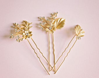 Gold leaf hair pin, Gold hair pin, Bridal hair pin, Gold bridal headpiece, Rhinestone hair pin, Flower hair pin
