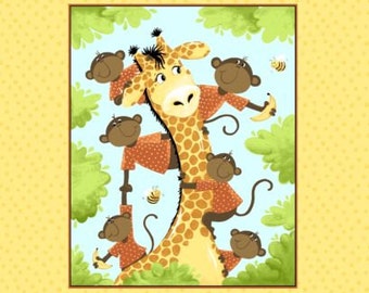 Susybee Fabric, Giraffe Fabric : Susybee's Oolie Monkey and Zoe Giraffe - Quilt Top panel 100% cotton fabric by the Panel 36"x43" (SB49)