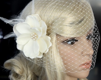 Bridal Birdcage Veil Bandeau style Russian netting and Feather Silk Flower in ivory for Wedding Reception