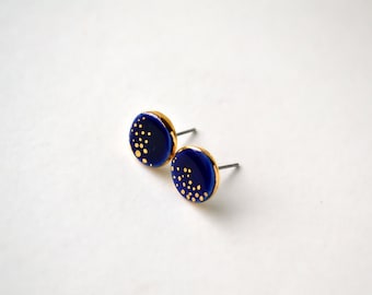 Cobalt magic earrings - blue porcelain jewelry - Matsumaini Collection - 24K gold painted porcelain stud post earrings