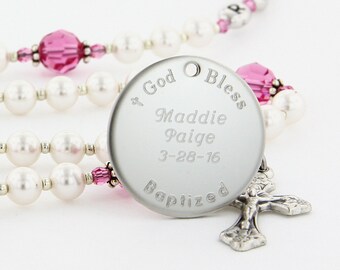 Baptism Rosary, Girl Rosary, Christening Gift, Baptism Gift, Personalized Rosary, Swarovski Rosary, Pink and White Rosary, CuteWC10c