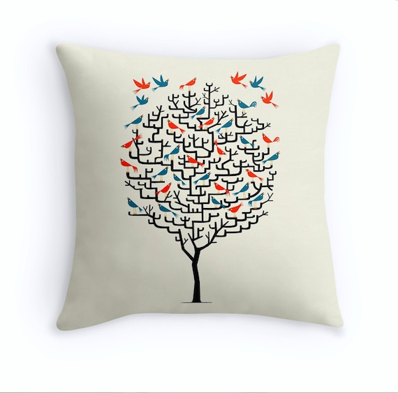 Out On a Lark - illustrated Birds / Tree - Throw Pillow Cover / Cushion Cover (16" x 16") by Oliver Lake - iOTA iLLUSTRATION