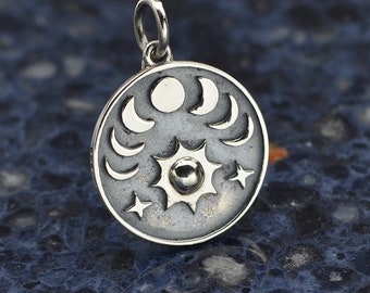 Sun and Phases of the Moon Charm Necklace - Solid 925 Sterling Silver - Insurance Included