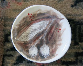 Tiny Ceramic Trinket Dish Olive Tree Leaf Hand Drawn Fine Art One of a Kind Gift Idea Home Decor, Handmade Pottery by Licia Lucas Pfadt