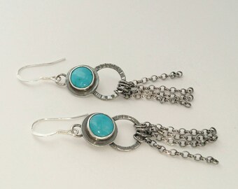 Sterling silver handmade kingman turquoise dangle earrings. Hallmarked in Edinburgh