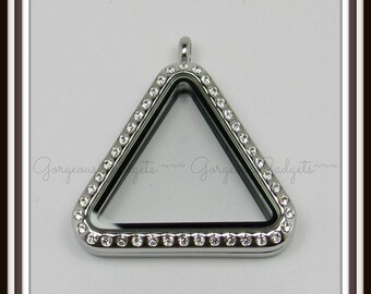 Floating Locket / Glass Locket / Memory Locket Pendant Stainless Steel Triangle With Crystals