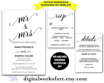 Wedding Invitation Template, Mr and Mrs, Printable, chic, modern, calligraphy, Formal Invitation, DIY, rustic invite, PDF Instant Download