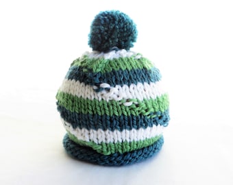 Bright Green Blue Green White Stripe Baby Hat - Pompom - Soft Hand Knit - Baby size - Ready to Ship