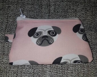 Pug coin purse, zipper purse, pale pink.