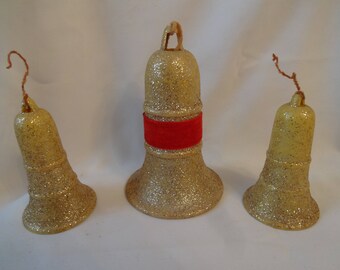 Christmas Ornaments - Three Plastic Gold Glittered Bells from the 1960's