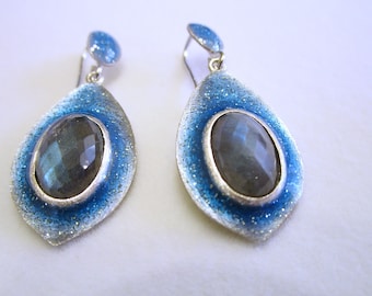 Silver Earrings with Labradorite and Glittering Enamel; Silver Earrings; Labradorite Earrings