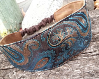 Turquoise & Brown Brocade Headband, Reversible Suede Headband