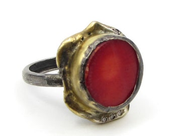 Vintage 925 sterling silver - 2-tone red enamel ring sz 7.5 - r1044