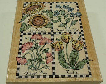 Checkerboard Flowers Wood Mounted Rubber Stamp From Hero Arts, Sunflower, Forget Me Not, Sweet Pea, Tulip, Flowers, Floral, Garden