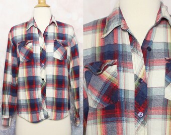 70s 80s Plaid Button Down Blouse Women's Button Up Shirt Long Sleeve Flannel Shirt Hipster Hippie Boho Vintage Flannel Shirt Size S