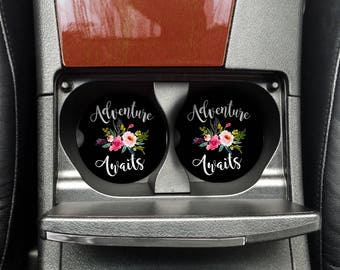 Adventure Awaits Car Coaster, Floral Car Cup Holder Coaster, Car Accessories for Women, Sandstone coaster, (CAR0035)
