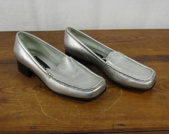 Etienne Aigner metallic silver leather loafers Size 7 1/2