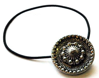 Silver Concho Style Ponytail Holder, Vintage Metal Button Restyled as Decorative Hair Tie, Pretty Hair Accessory for Braids and Ponytails