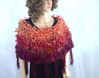 Boho clothing crochet poncho caplet stole wrap shawl terracotta ragged clothing for women designer festival clothing