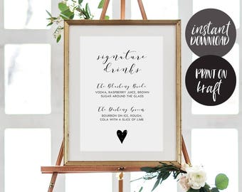 Signature Drink Sign INSTANT DOWNLOAD Editable PDF, Signature Drinks Printable, Wedding Reception Sign, Wedding Bar Sign - Celina