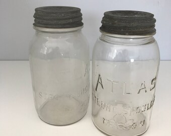 Pair of Vintage Glass Atlas Jars with Zinc Lids, Atlas Strong Shoulder Mason Jar, Clear Glass Atlas Jar, Quart size Mason Canning Jar