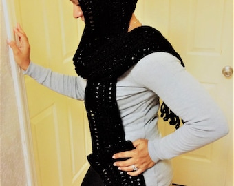Long Black Handmade Hooded Scarf