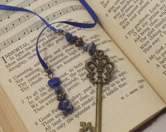 Blue ribbon beaded bookmark with bronze key