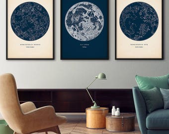 Astronomy print set of 3, Star map print, Star chart print, Constellation art, Constellations chart, Moon print, Nautical decor, Wall art