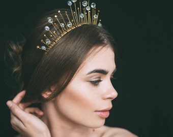 bridal tiara, gold crown, headpiece, headdress, crystal tiara, womens gift, crystal headpiece, gold headdress, tiara, hair vine, headband