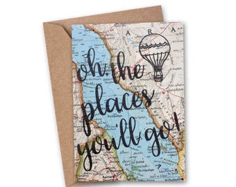 Oh The Places You'll Go Card - Graduation Card - Congratulations Card - Love Card - Travelers Card - College - Vintage Map Card - VM-013