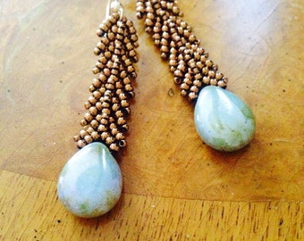 Light green czech beaded earrings - czech earrings - bronze earrings - statement earrings - czech dangle earrings - beadwoven earrings EBW