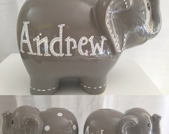 Personalized Hand Personalized Large Grey Elephant Bank Baby's 1st Christmas Flower Girl Ring Bearer Christening, Baptism Birthday, Newborn