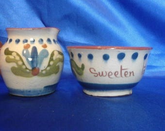 Vintage Devon Motto Ware Watcombe Pottery Cream Jug "Devonshire Cream" and Sugar Bowl "Sweeten to your liking"