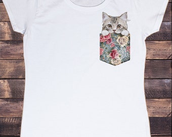 Womens White T-Shirt Cute Kitten Pocket- Ying Yang Roses Print TS603