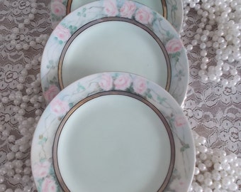set of three Pink Roses dessert plates delicate pale pink roses porcelain plates