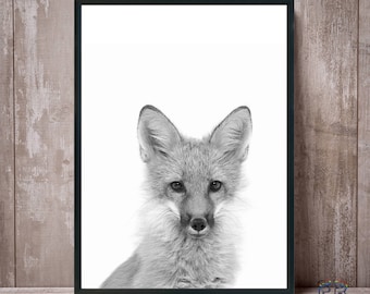 Fox print, Black and white, Fox wall art, Woodland nursery, Fox art, Nursery wall art, Woodland animals, Nursery decor, Fox art print, Fox