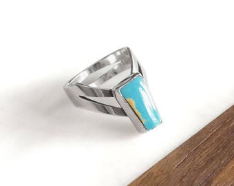 Turquoise Ring - Silver Ring, Turquoise Silver Ring, Sterling Silver Ring, Boho Ring, Chevron Ring, Handmade Ring, Gifts for Her