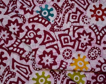 White and Maroon Batik Block Print Cotton Fabric