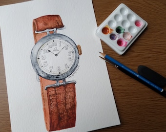 Original Watercolour Art 'Vintage Omega' watch/horology art 11 x 8 inch