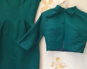 Emerald green vintage silk dress and jacket. 1950s suit