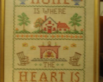 Vintage cross stitch sampler with "home" verse