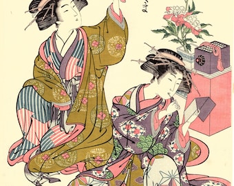 Japanese Ukiyo-e Woodblock print, Shunsho, "Courtesans from Shinagawa"