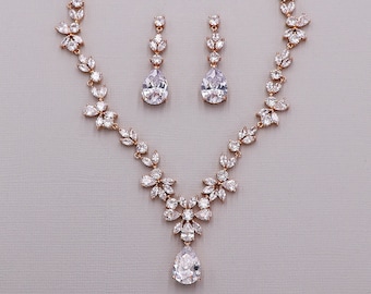 Rose Gold Jewelry Set, CZ Wedding Necklace Set, bridal jewelry, wedding jewelry, cz jewelry set, Natalia Rose Gold Jewelry Set