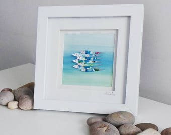 Beautiful Original Fish Painting - Abstract 3D Art - in white frame measuring 18x18cm/7x7inches