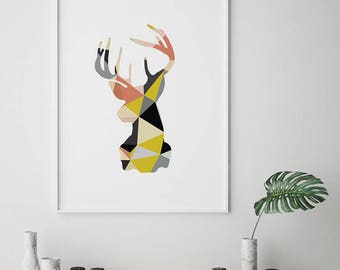 Deer head print, digital wall art, geometric deer print, geometric poster, deer poster, deer print, dear head poster, deer wall art, antler