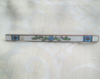 Long Antique Guilloche White Enamel Bar Pin with Blue Flower
